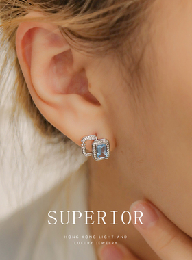 superior珠宝 冰糖方扣·18K金海蓝宝钻石耳钉女