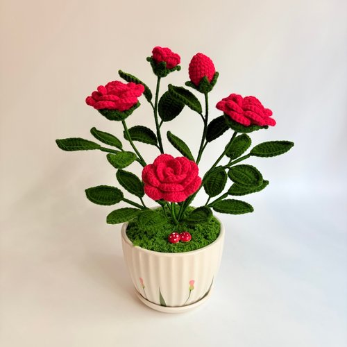 玫瑰花盆栽手工毛线编织
