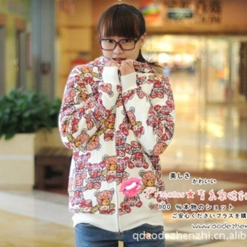 加绒卫衣宽松连帽rough小花熊