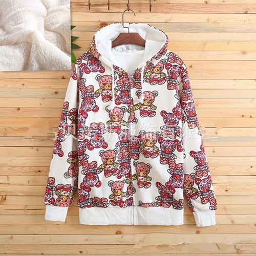 加绒卫衣女rough花 熊仿羊羔绒春秋加厚开衫宽松连帽纯棉拉链外套