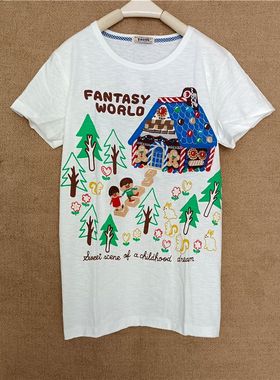 短袖T恤2024年新款女设计感rough夏季薄款纯棉学生白色绣花蓝房子