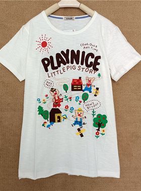 短袖T恤2025年新款女别致甜美夏季rough纯棉学生白色绣花小猪回家