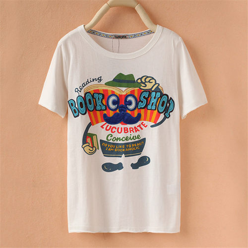 rough绣书本t恤女短袖2024新款修身韩版学生小清新女装上衣森女系