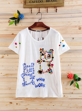 白色短袖rough绣花小花熊t恤女春夏2024新款韩版宽松字母半袖上衣