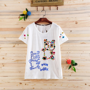 白色短袖rough绣花小花熊t恤女春夏2024新款韩版宽松字母半袖上衣