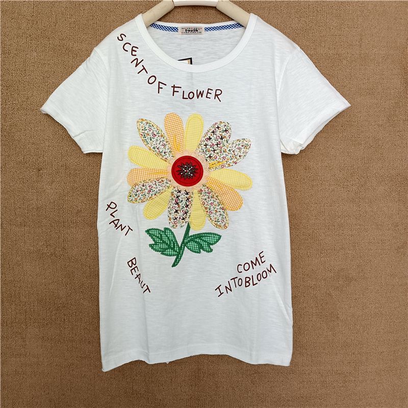 短袖T恤2023年新款女rough小众夏季薄款纯棉学生白色绣花绿叶花朵