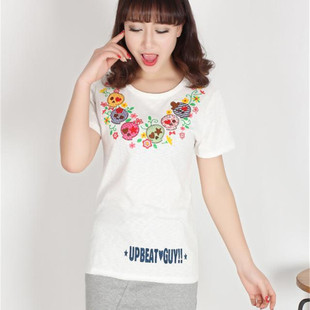 夏季2024森女rough上衣竹节棉女短袖打底衫 骷髅花朵贴布绣花T恤