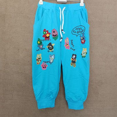 休闲松紧腰刺绣纯棉七分裤