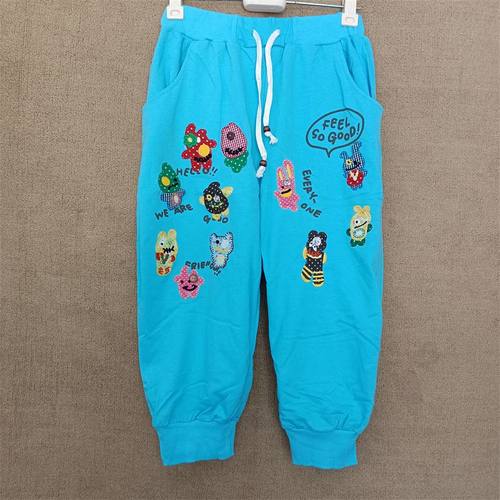 休闲松紧腰刺绣纯棉七分裤