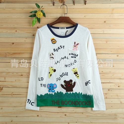 2024春夏季rough草丛动物绣花长袖T恤女宽松百搭圆领体恤学生上衣