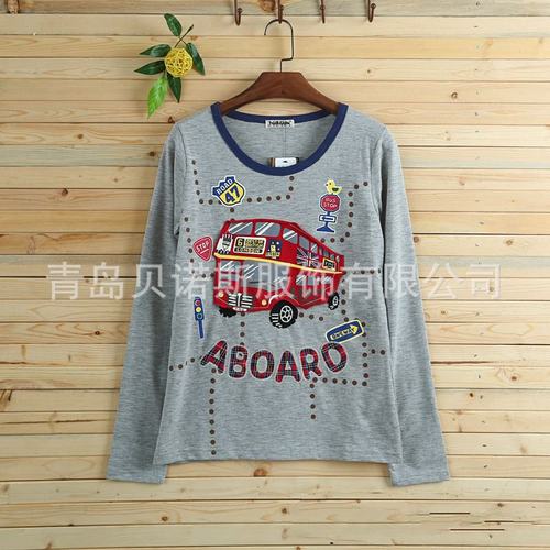 竹节棉长袖t恤女纯棉2024rough大巴车绣花上衣打底衫春夏季体恤潮