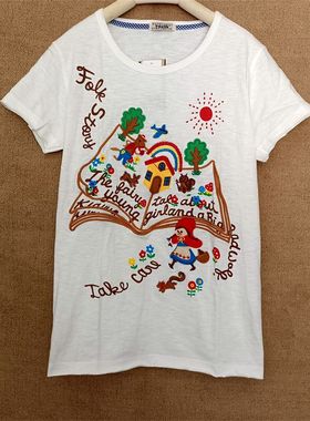 白色短袖T恤绣花卡通童话故事rough2024年圆领体恤夏季上衣显瘦潮