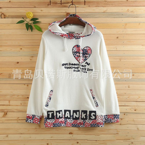 春秋季绣花心形原宿风连帽卫衣