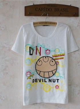 2024春夏季rough韩版短袖宽松百搭潮流毛巾刺绣打底女白色T恤笑脸