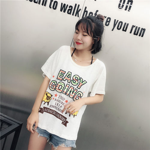 rough贴布绣花字母2024圆领短袖t恤女宽松夏女装半袖韩范上衣体恤