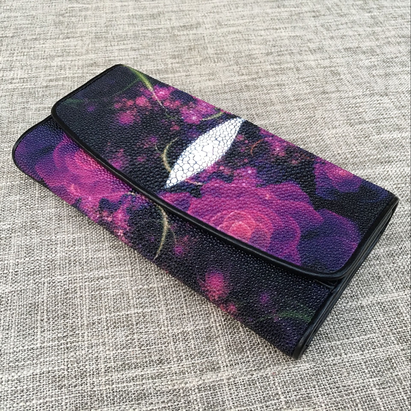 正品珍珠鱼皮手拿钱包 女士三折长款魔鬼鱼皮钱夹 多卡位真皮票夹