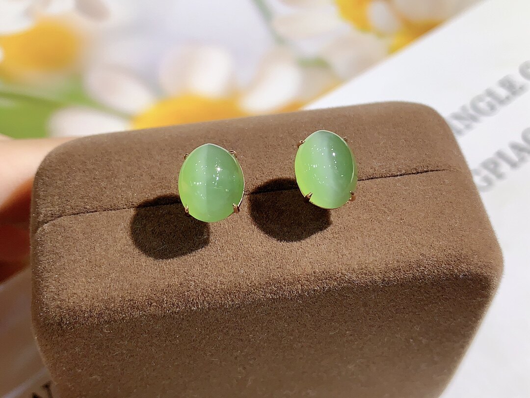 保真18k金镶嵌天然和田玉碧玉猫眼蛋面耳钉女神精美高档礼物首饰