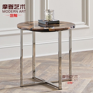 摩登后现代简约不锈钢圆形边几客厅沙发大理石圆角几电话圆小茶几