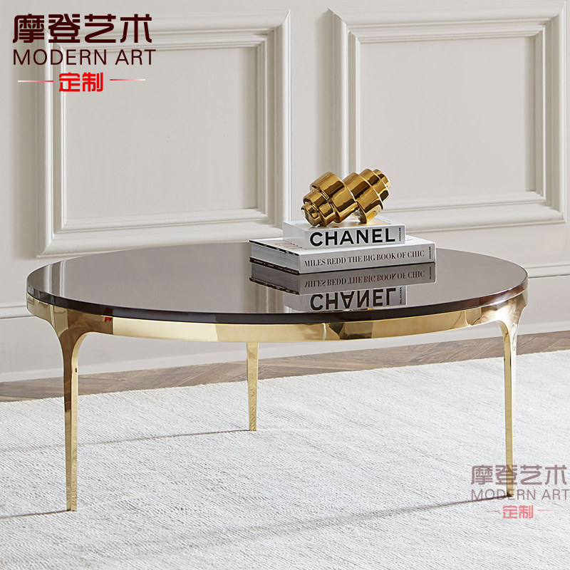 摩登现代客厅不锈钢大理石茶几北欧钢化玻璃茶几圆形创意边几角几