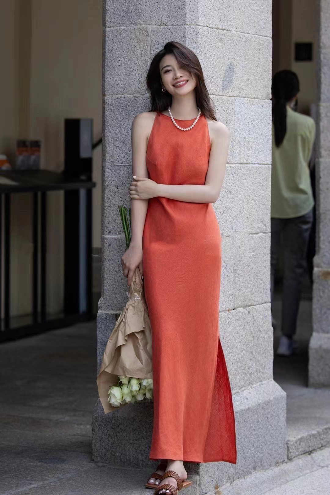 池上国潮新中式 全亚麻无袖背心裙法式度假旅游沙滩裙吊带连衣裙