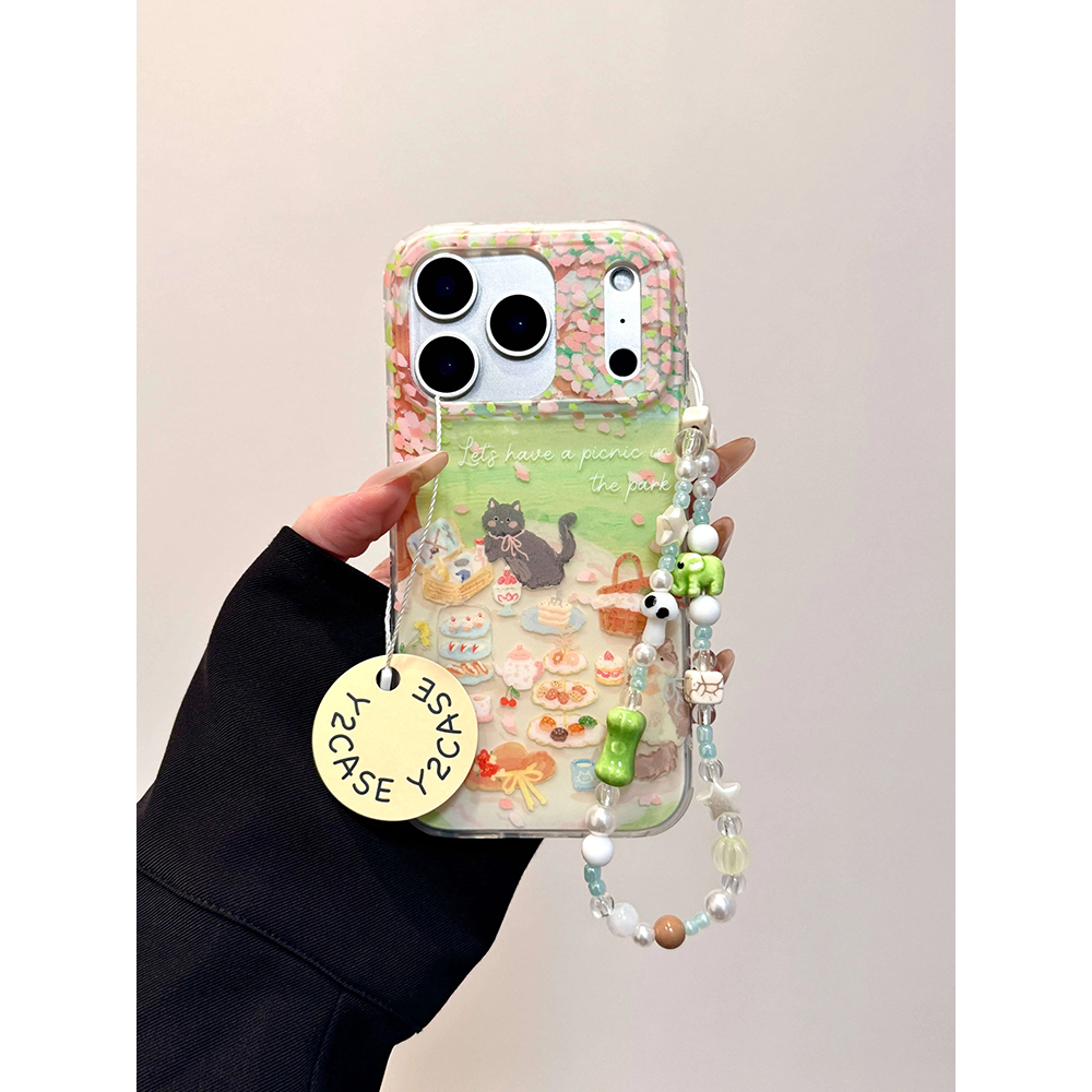 磨砂可爱樱花树野餐猫咪适用苹果17promax手机壳15iphone16pro保护套13/14双层IMD高级感日韩ins风防摔新款