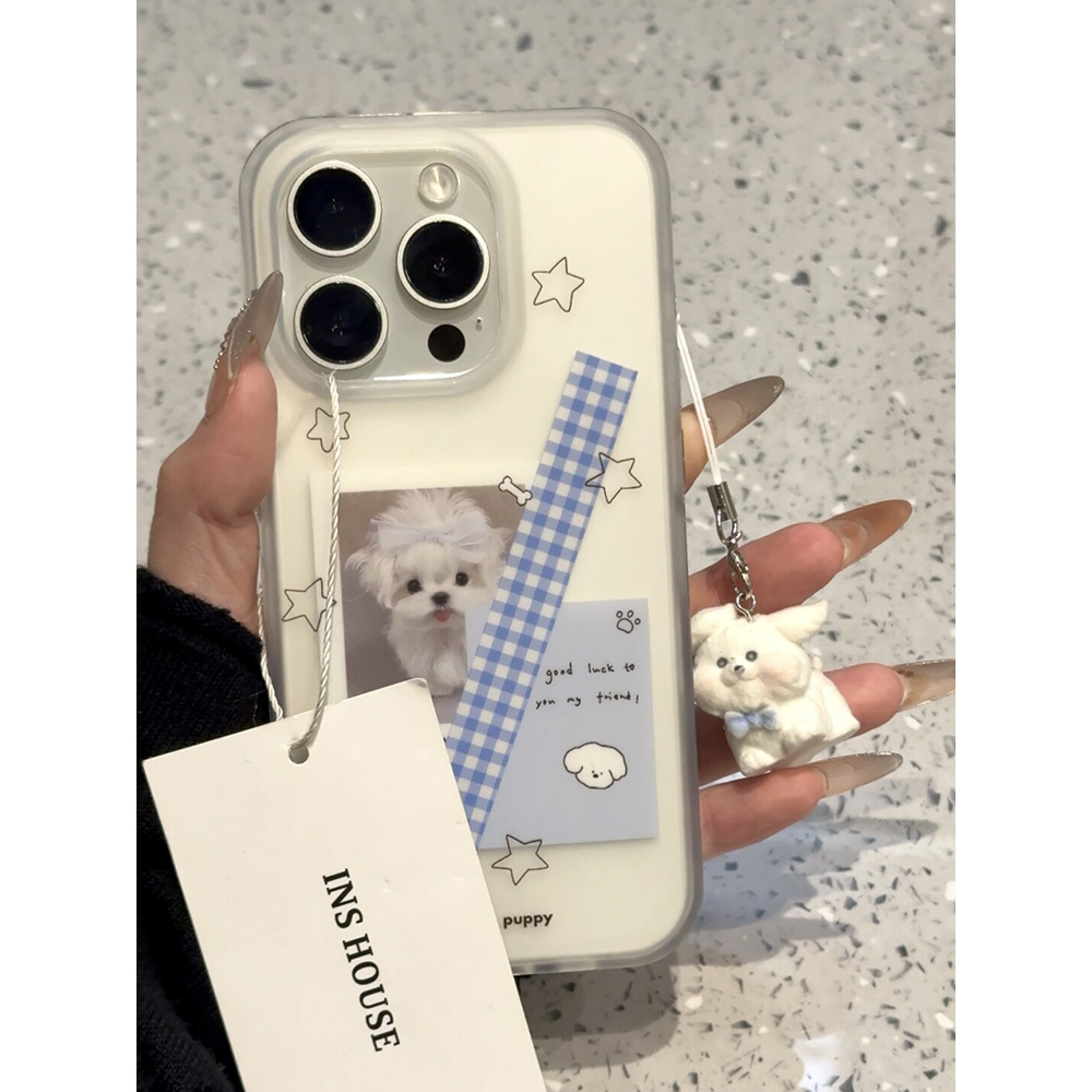 日韩ins磨砂白色小狗格纹适用苹果16promax手机壳15iphone14保护套13双层imd挂件吊坠小众创意新款简约拼接