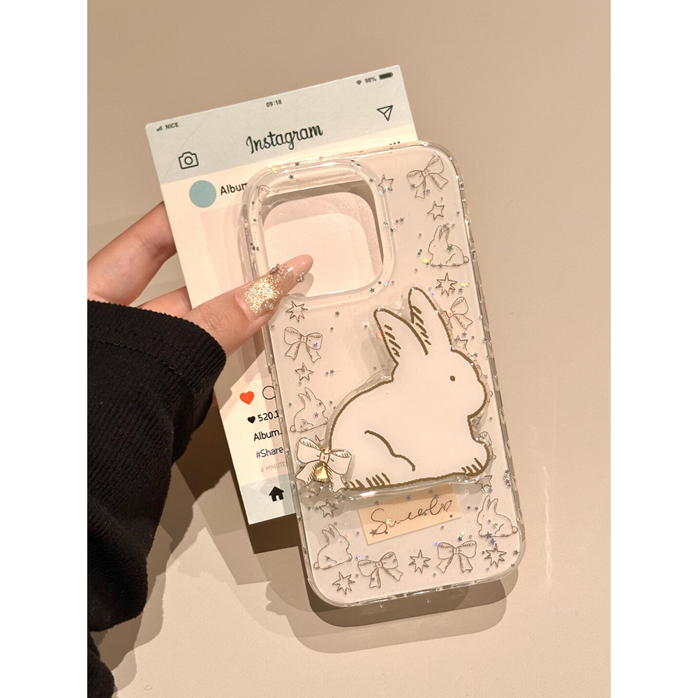 可爱白底围边蝴蝶结兔子支架适用苹果16promax手机壳15iphone14保护套13双层imd高级感日韩ins风防摔小众新款