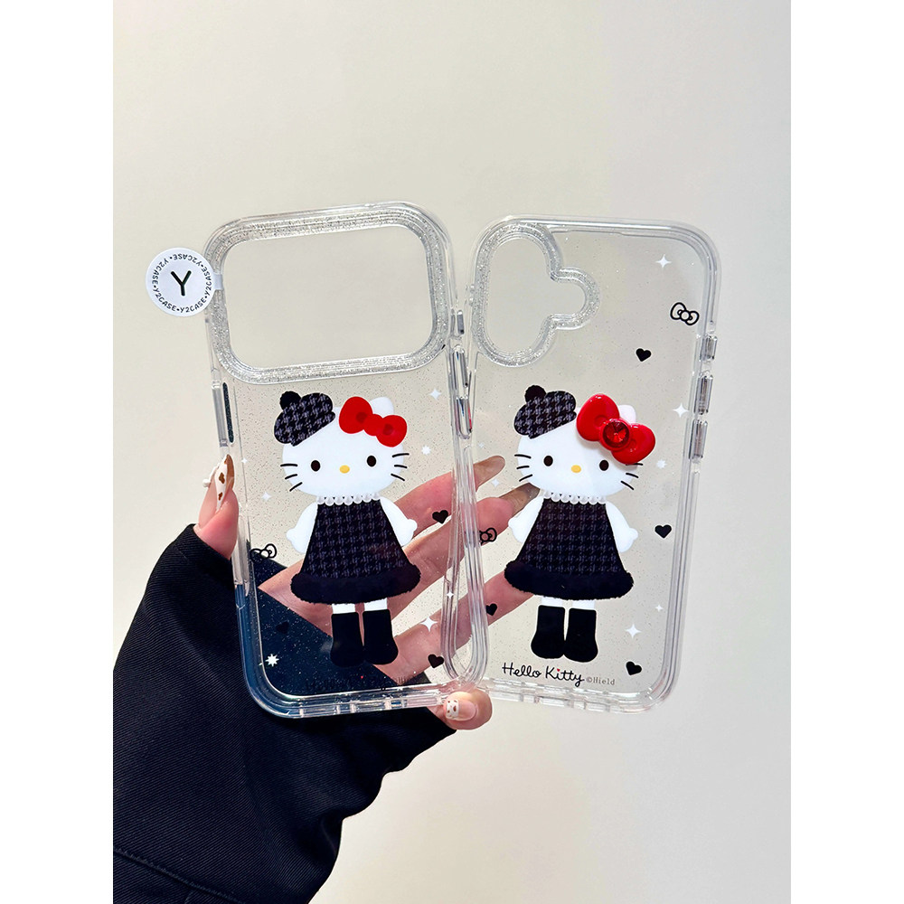 卡通可爱千鸟格kt猫透明适用苹果17promax手机壳15iphone16pro保护套13/14双层IMD高级感气囊防摔新款个性ins