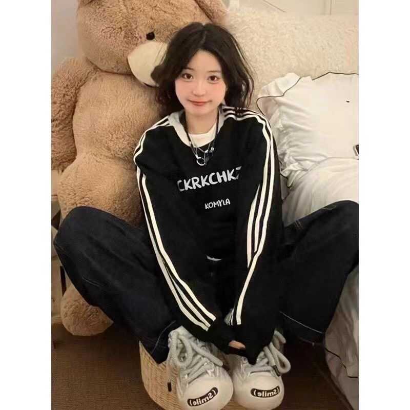 螺纹束口长袖t恤女韩系潮牌黑色宽松2024秋冬薄款ins小众侧边条纹