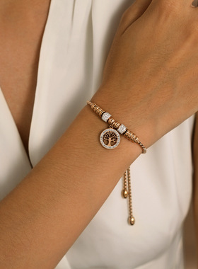 欧美港式钛钢镶钻生命树手链女士个性气质简约可调节玫瑰金手链女