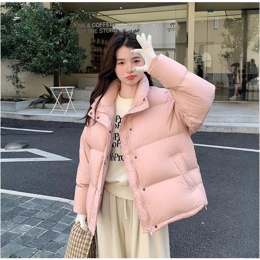 羽绒服女2026冬季新短款立领宽松加厚小个子学生粉色面包服外套潮