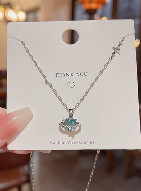 蓝色锆石爱心钛钢项链女