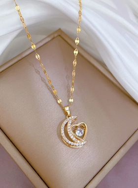女月亮爱心微镶锆石项链
