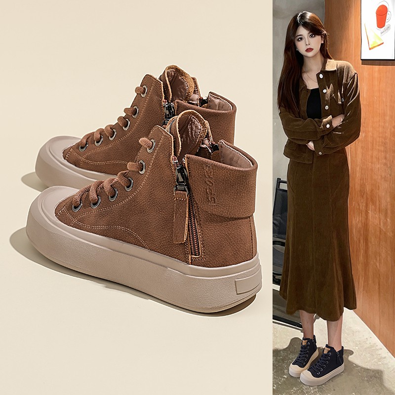 高帮鞋秋冬新款短靴加绒侧拉链板鞋厚底软底不累脚大码女鞋41到43