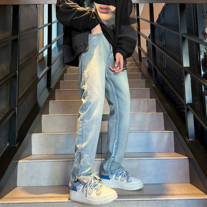 美式高街vibe复古水洗做旧拉链开叉牛仔裤男直筒微喇长裤7150-P45，男装牛仔裤，电商A318