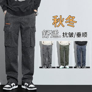 休闲裤男春秋款潮牌痞帅男生裤子宽松直筒多口袋工装裤6108-P60图片