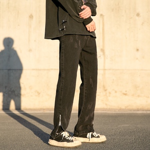 牛仔裤男款春季美式vibe高街潮牌修身直筒工装拉链长裤子7150-P45图片