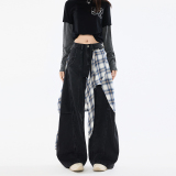 美式假两件拼接牛仔裤男女秋季可拆卸格纹帘直筒阔腿裤9058-P95，女装牛仔裤，电商A318