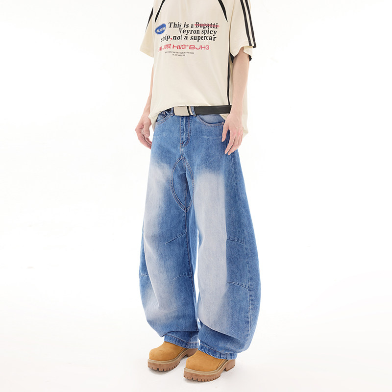 美式复古弯刀牛仔裤男款秋季潮牌宽松直筒男女阔腿裤子9001A-P80,男装牛仔裤,电商A318