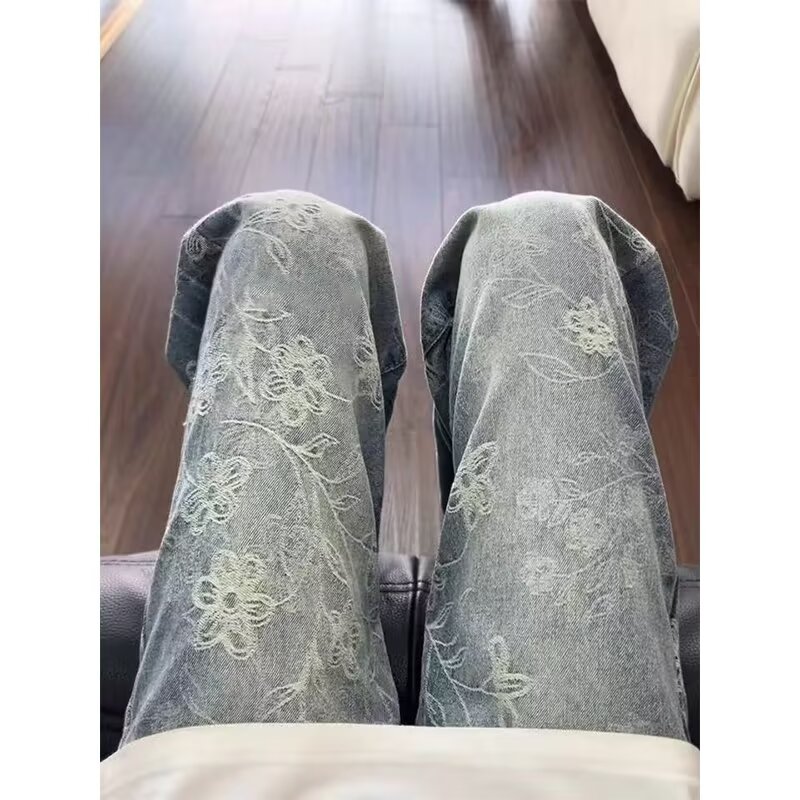美式重工荆棘满印牛仔裤男潮牌直筒裤微喇长裤子7100-P35,男装牛仔裤,电商A318