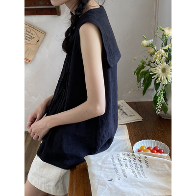雏菊宽松日系单排扣无袖亚麻