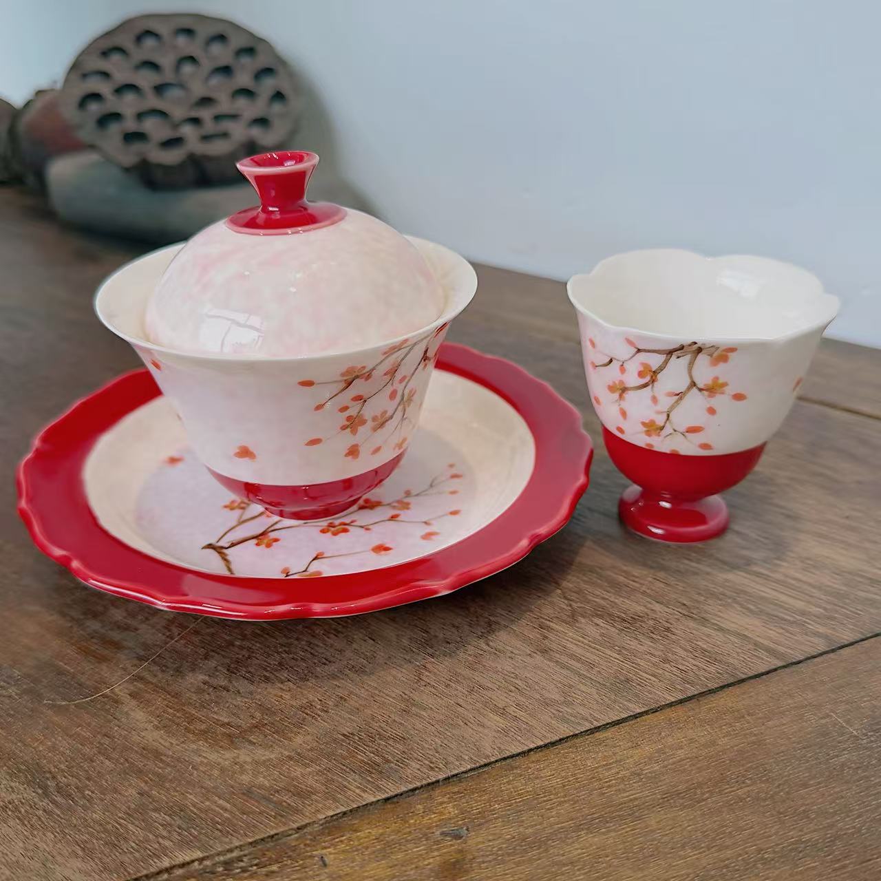 【朱墙映雪杯组】中式粉红冬日梅花文创杯子 桌面摆件 7595
