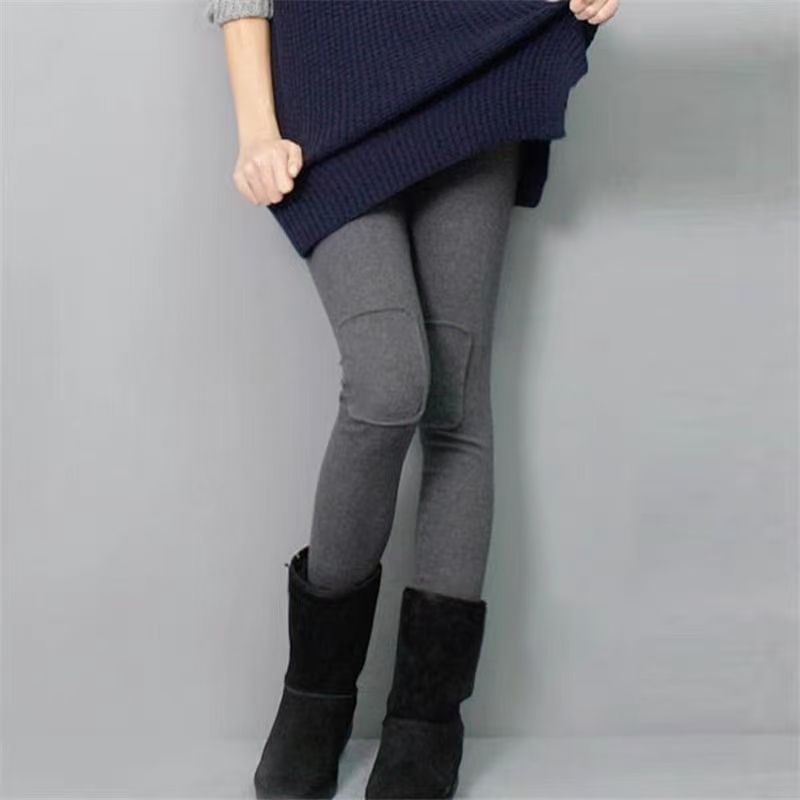 胖mm大码秋冬加绒加厚膝盖补丁弹力保暖裤打底裤女外穿高腰小脚裤