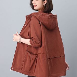 胖人大码今年流行风衣女中长款2025春秋季妈妈外套休闲连帽上衣潮