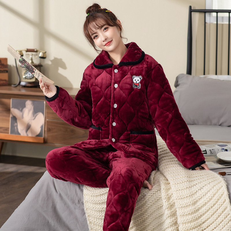 法兰绒冬季三层中老年保暖夹棉袄