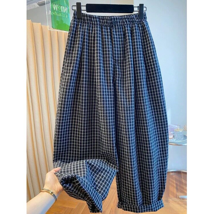 小个子高级感格子哈伦裤女