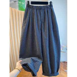 女高腰显瘦宽松阔腿九分灯笼裤 145小个高级感格子哈伦裤 新款 夏季