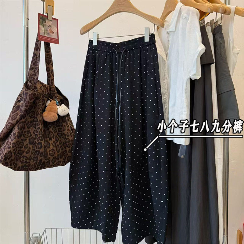 棉麻爱心波点薄款弯刀阔腿裤女夏季小个子九分日系显瘦宽松气球裤