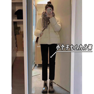 小个子七分牛仔裤女秋冬加绒韩版高腰弹力小黑裤显瘦烟管直筒裤xs