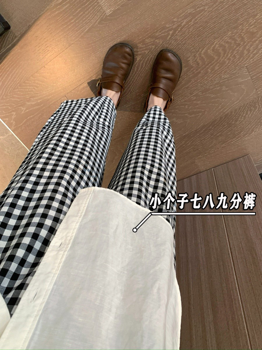 瘦小个子145七分棉麻格子哈伦裤女夏季薄款显高宽松直筒阔腿裤xxs